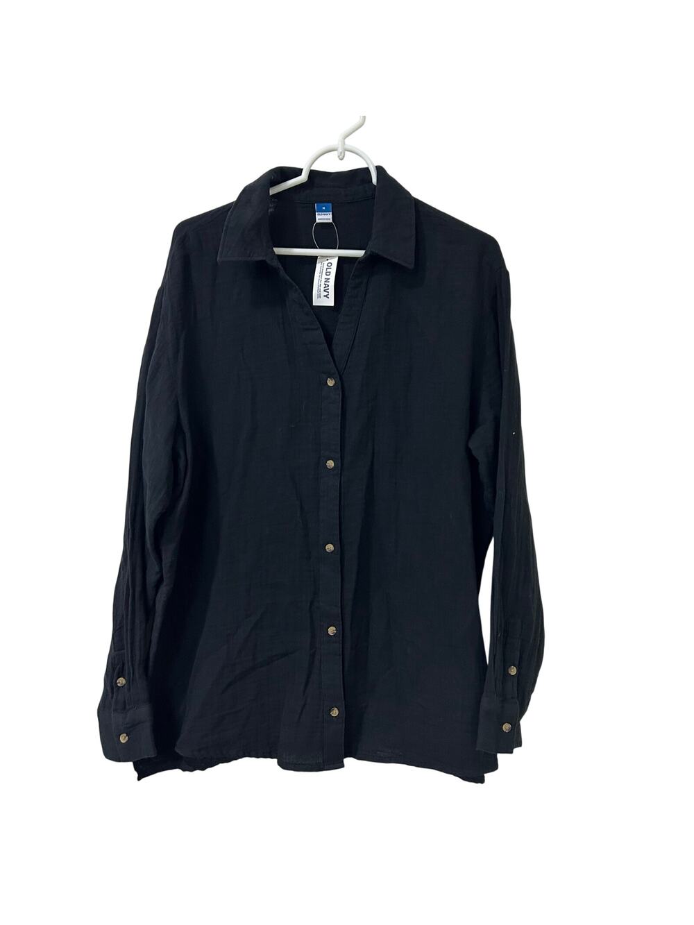 Old Navy NWT Womens Sz Medium Black Crinkle Gauze Button Down Boyfriend Shirt